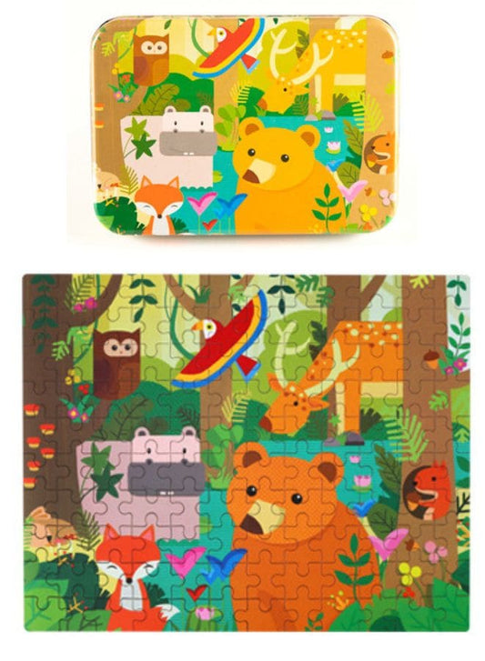 Wooden Jigsaw 120 Pieces Cartoon Animals Fairy Tales Puzzles Children Wood Early Learning Set Montessori Education Toy Kids Gift, Forest Fatio General Trading