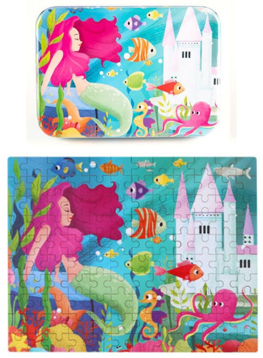 Wooden Jigsaw 120 Pieces Cartoon Animals Fairy Tales Puzzles Children Wood Early Learning Set Montessori Education Toy Kids Gift, Mermaid Fatio General Trading