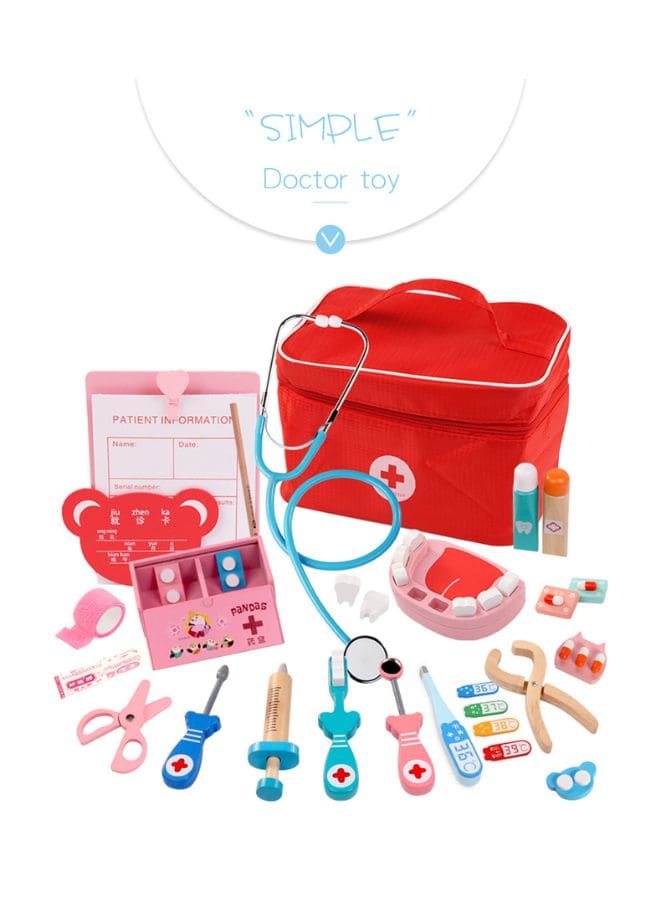 Wooden Pretend Play Doctor Set Educational Toys For Kids Simulation Medicine Chest Kit Dentist Nurse Games Medical Toys For Kids, Red Fatio General Trading
