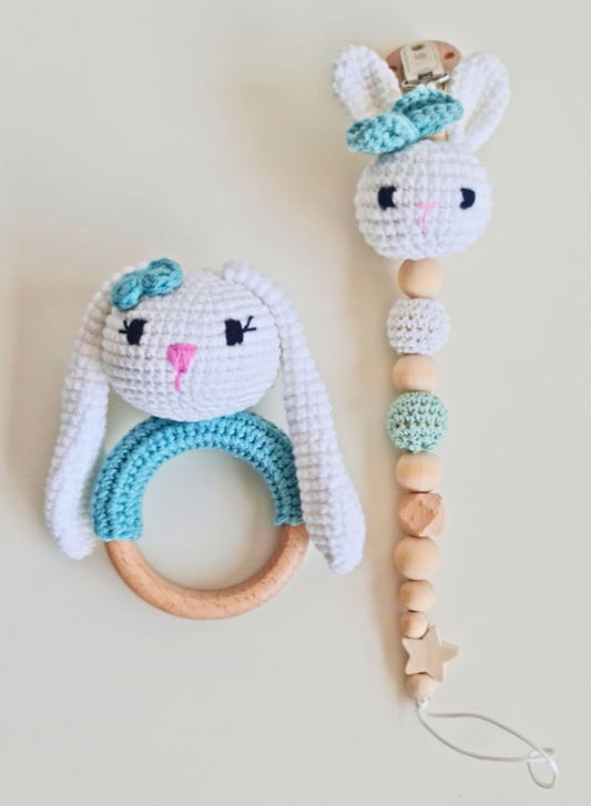 100% Cotton Handmade Crochet Baby Rattle and Pacifier Gift Set
