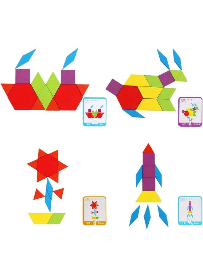 155 Pcs Wooden Pattern Blocks Set Geometric Shape Puzzles Preschool Learning Toy STEM Gift for Kids - Kindergarten Educational Montessori Tangram Toys for Boys & Girls with 24 Pcs Design Cards - Fatio General Trading