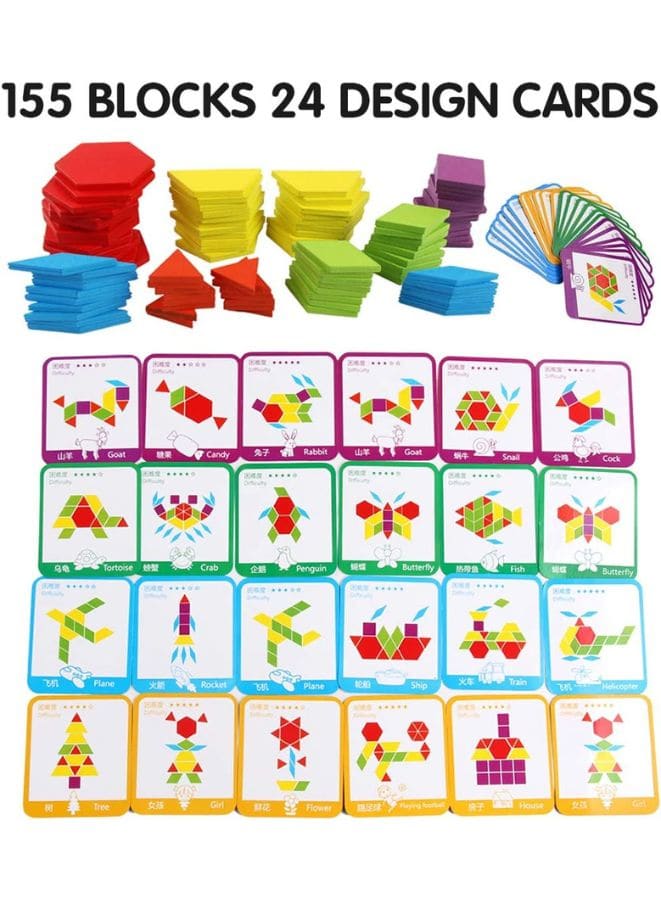 155 Pcs Wooden Pattern Blocks Set Geometric Shape Puzzles Preschool Learning Toy STEM Gift for Kids - Kindergarten Educational Montessori Tangram Toys for Boys & Girls with 24 Pcs Design Cards - Fatio General Trading