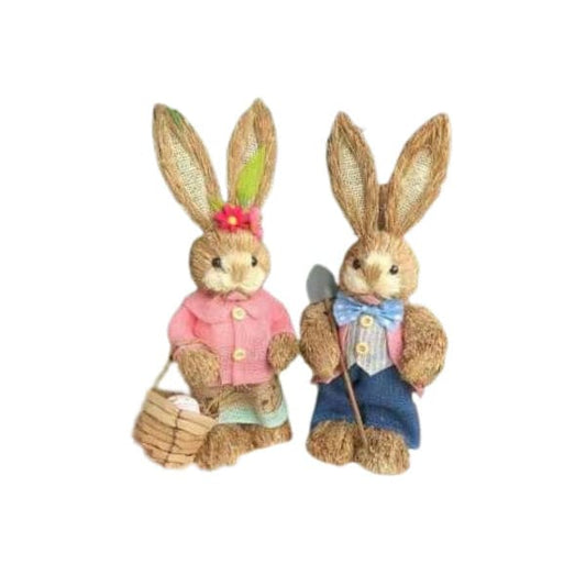 2 Pcs 35cm Handmade Straw Rabbit Straw Bunny for Easter Day Artificial Animal Home Furnishing Shop Decoration, Combo 1 - Fatio General Trading