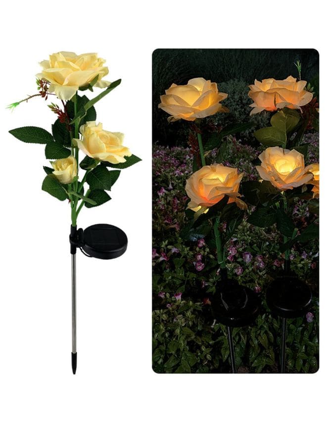 2 Pcs Beautiful Romantic Waterproof Solar Powered 3 LED Simulation Rose Flower Light Lamp Landscape Lighting With Stake For Outdoor Garden Yard Lawn Path Balcony Party Decoration, Yellow - Fatio General Trading