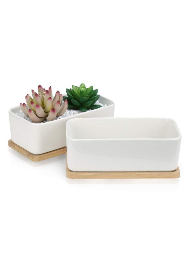 2 Pcs White Ceramic Rectangle Indoor Flower Pots with Bamboo Tray, Home Interior Design, 2 Rectangle Plant Pot Set (Plants NOT Included) - Fatio General Trading