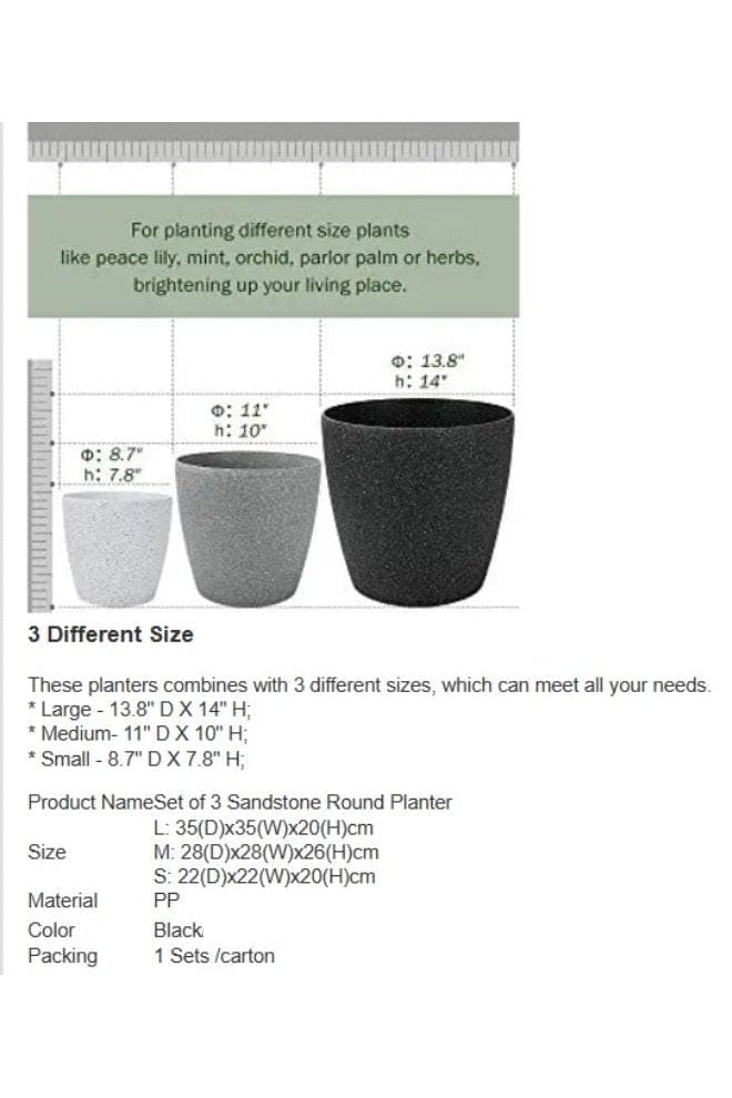 3 Packs Matte Black Resin Round Plant Pots for Indoor or Outdoor Plants, Large Flower Pots with Drainage Hole, Lightweight (Plants NOT Included) - Fatio General Trading