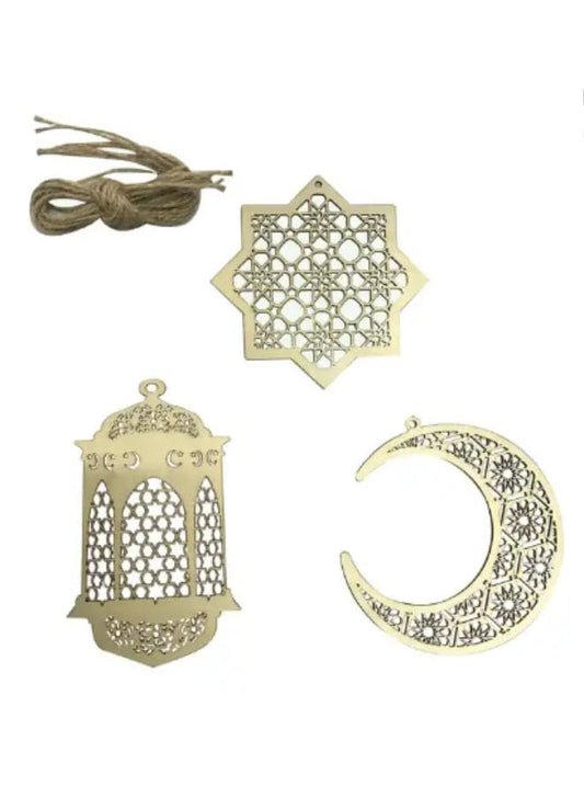 3 Pieces Wooden Hollow Pendant Ornament Eid Ramadan Festive DIY Decorations with Hanging Moon Star Wind Light Shape Ornament for Eid Mubarak, Home Wedding Party - Fatio General Trading