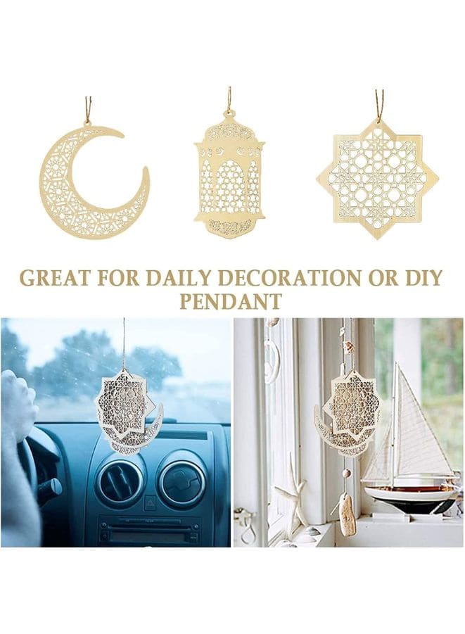 3 Pieces Wooden Hollow Pendant Ornament Eid Ramadan Festive DIY Decorations with Hanging Moon Star Wind Light Shape Ornament for Eid Mubarak, Home Wedding Party - Fatio General Trading