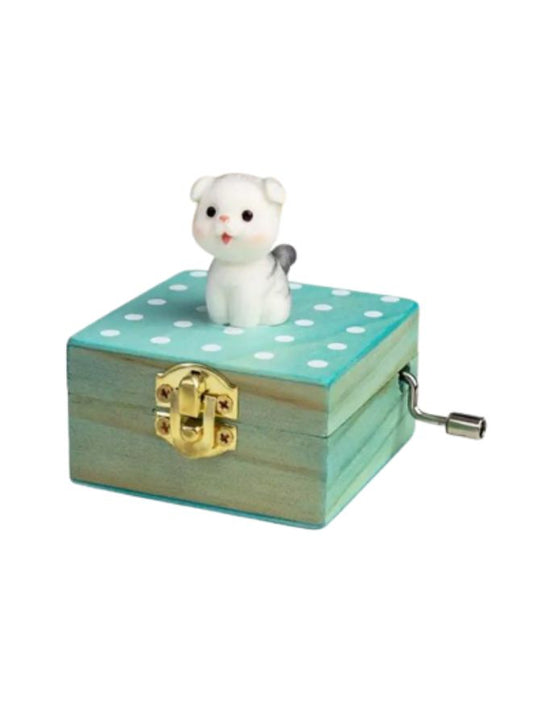 Cute animal hand crank music box wooden crafts ornaments music box, Mini Gift Wrapped Wooden Hand Crank Music Box with Lovely Pet, Grey Dog Fatio General Trading