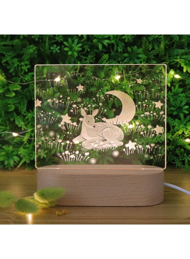 3D Acrylic Night Light Table Lamp with Wooden Base, Best Gift for Birthday, Anniversary, and Home Decor (Deer and Moon) - Fatio General Trading