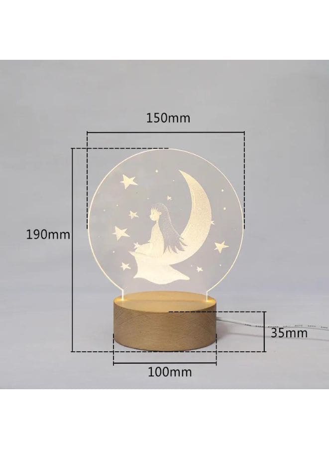 3D Acrylic Night Light Table Lamp with Wooden Base, Best Gift for Birthday, Anniversary, and Home Decor (Girl and Moon) - Fatio General Trading