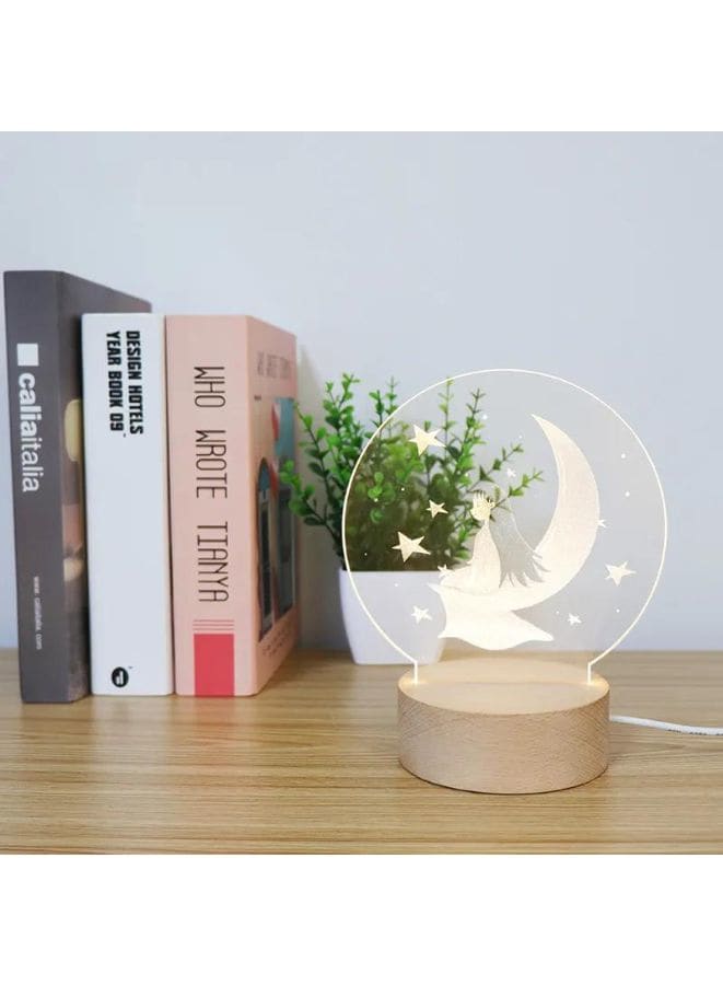 3D Acrylic Night Light Table Lamp with Wooden Base, Best Gift for Birthday, Anniversary, and Home Decor (Girl and Moon) - Fatio General Trading
