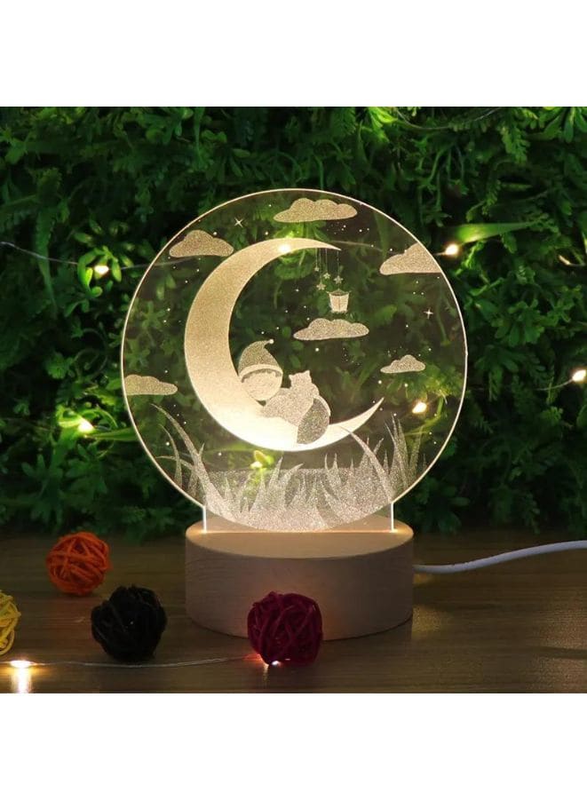3D Acrylic Night Light Table Lamp with Wooden Base, Best Gift for Birthday, Anniversary, and Home Decor (Kid On Moon) - Fatio General Trading