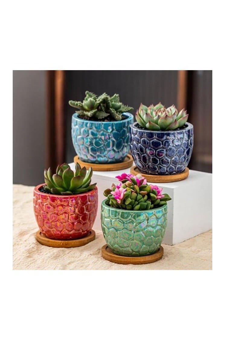 4 Pcs Ceramic Flowerpot Set Succulent Plant Pots Nordic Simple Style Design Planter Cactus Flower Pot With Tray Home Interior Design, Garden Décor Gift (Plants NOT Included) - Fatio General Trading