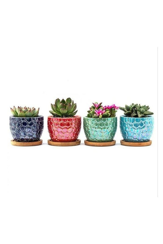 4 Pcs Ceramic Flowerpot Set Succulent Plant Pots Nordic Simple Style Design Planter Cactus Flower Pot With Tray Home Interior Design, Garden Décor Gift (Plants NOT Included) - Fatio General Trading