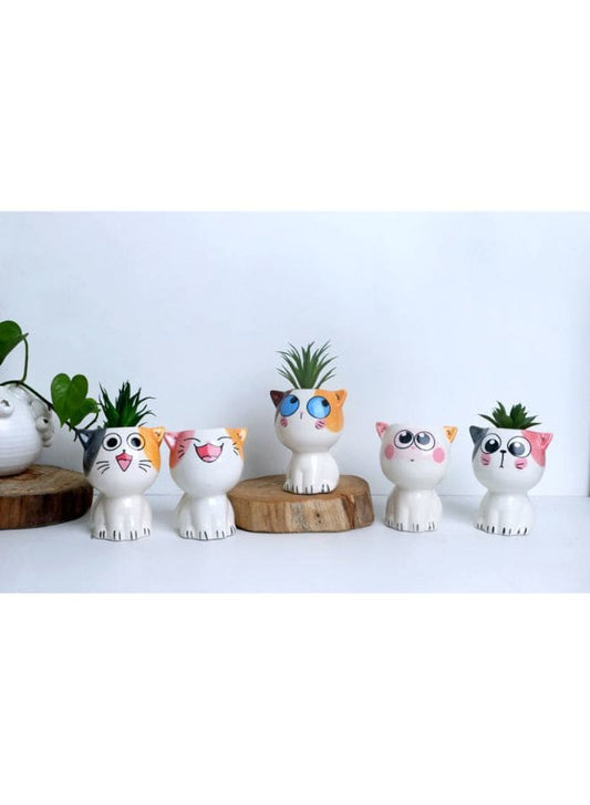 4 Pcs Cute Succulent Mini Cat Indoor Flower Pots with Drainage Hole Flower Plant Pot Cartoon Ceramic Tiny Pot for Home Interior Design Set of 4 (Plants NOT Included) - Fatio General Trading
