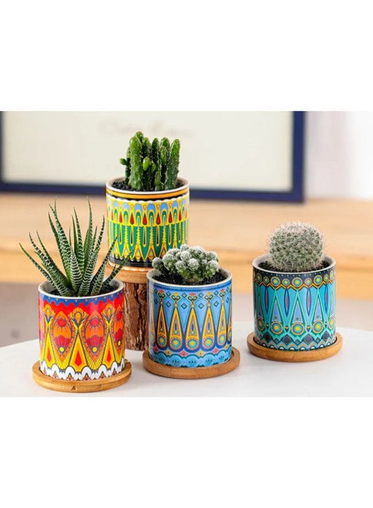 4 Pcs Succulent Plant Pots Small Modern Ceramic Indoor Flower Pots with Bamboo Tray for Cactus Herbs Home Interior Design 2 (Plants Not Included) - Fatio General Trading