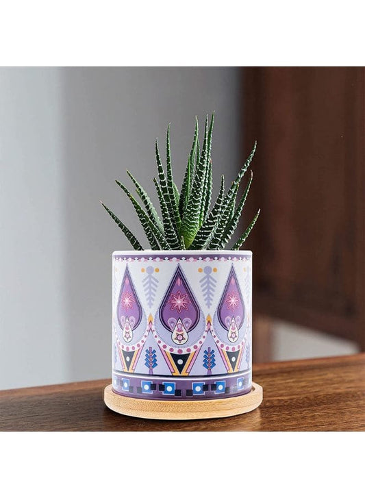 4 Pcs Succulent Plant Pots Small Modern Ceramic Indoor Flower Pots with Bamboo Tray for Cactus Herbs Home Interior Design 4 (Plants Not Included) - Fatio General Trading