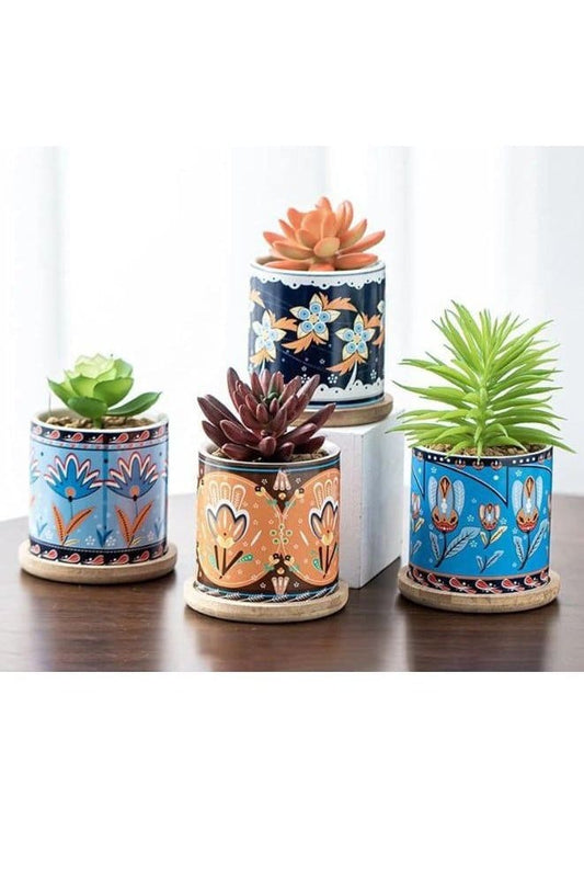 4 Pcs Succulent Plant Pots Small Modern Ceramic Indoor Flower Pots with Bamboo Tray for Cactus Herbs Home Interior Design 5 (Plants Not Included) - Fatio General Trading