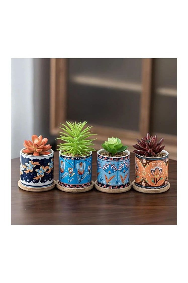 4 Pcs Succulent Plant Pots Small Modern Ceramic Indoor Flower Pots with Bamboo Tray for Cactus Herbs Home Interior Design 5 (Plants Not Included) - Fatio General Trading