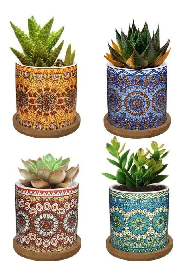 4 Pcs Succulent Plant Pots Small Modern Ceramic Indoor Flower Pots with Bamboo Tray for Cactus Herbs Home Interior Design 6 (Plants Not Included) - Fatio General Trading