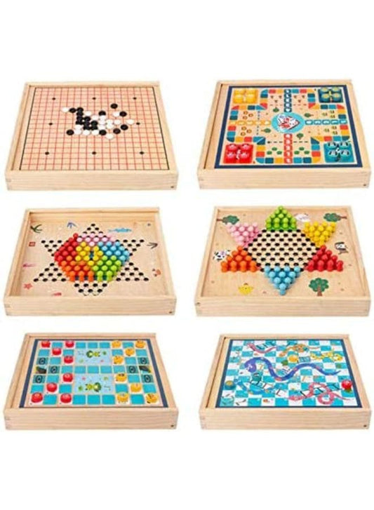5 in 1 Wooden Board Games for Adults and Kids, Wooden Puzzle and Thinking Board Games set for all ages, Wooden Board game for family and Friends - Fatio General Trading