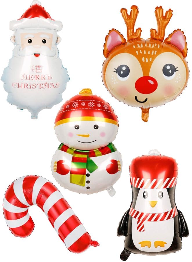 5pcs Christmas Foil Balloons include 1 x Santa Claus, 1 x Candy Cane, 1 x Reindeer, 1 x Snowman, 1 x Penguine Happy Holidays Giant Balloon Decoration Party Supplies - Fatio General Trading