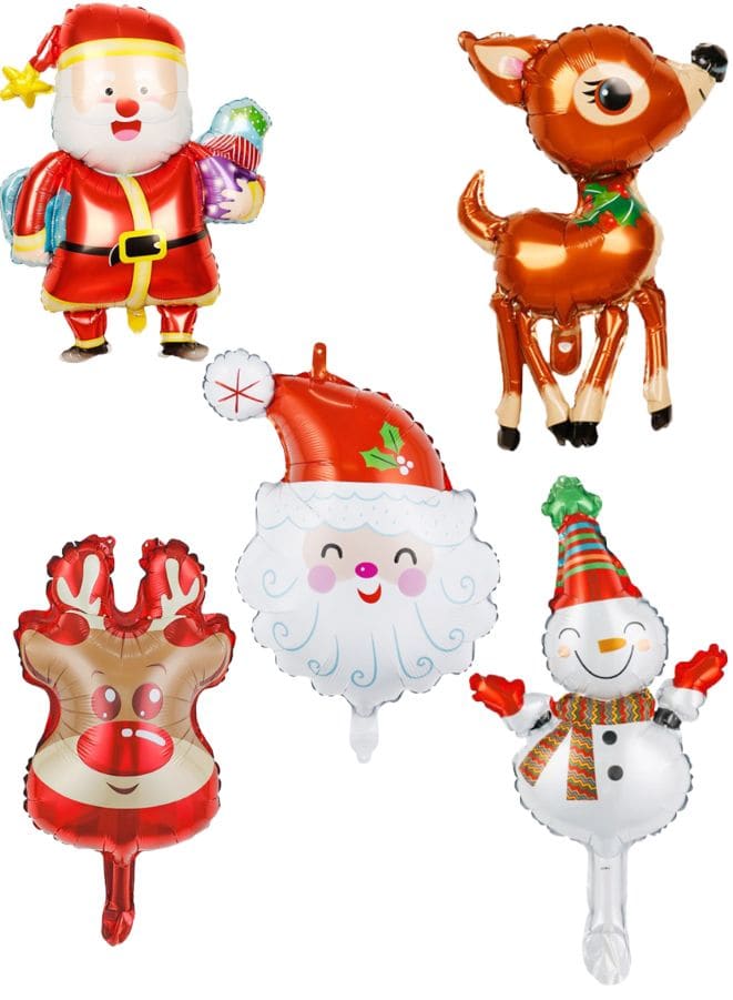 5pcs Christmas Foil Balloons include 2 x Santa Claus, 1 x Reindeer, 1 x Snowman, 1 x Elk Happy Holidays Giant Balloon Decoration Party Supplies - Fatio General Trading