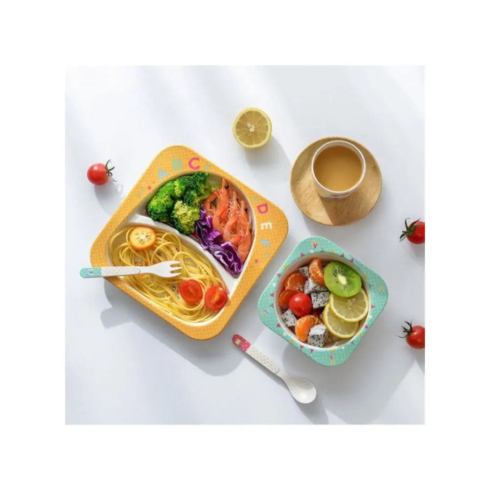 5PCS Unbreakable Kids Plates and Bowls Set for Healthy Mealtime, Bamboo Children Dinner Set with Plate, Bowl, Cup, Fork and Spoon, BPA Free Dishwasher Safe, Traffic - Fatio General Trading