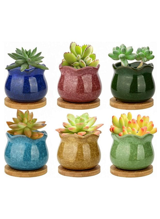 6 Pcs Colorful Succulent Indoor Flower Pots, Ceramic Ice Flower Planters, Colorful Plant Pot with Bamboo Trays, Pack of 6 (Plants Not Included) - Fatio General Trading