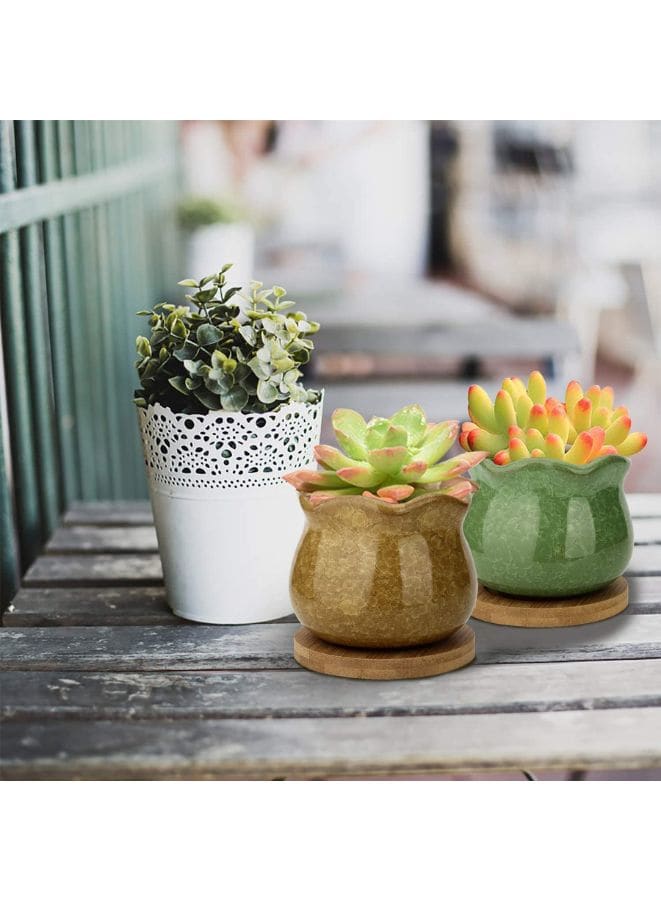 6 Pcs Colorful Succulent Indoor Flower Pots, Ceramic Ice Flower Planters, Colorful Plant Pot with Bamboo Trays, Pack of 6 (Plants Not Included) - Fatio General Trading