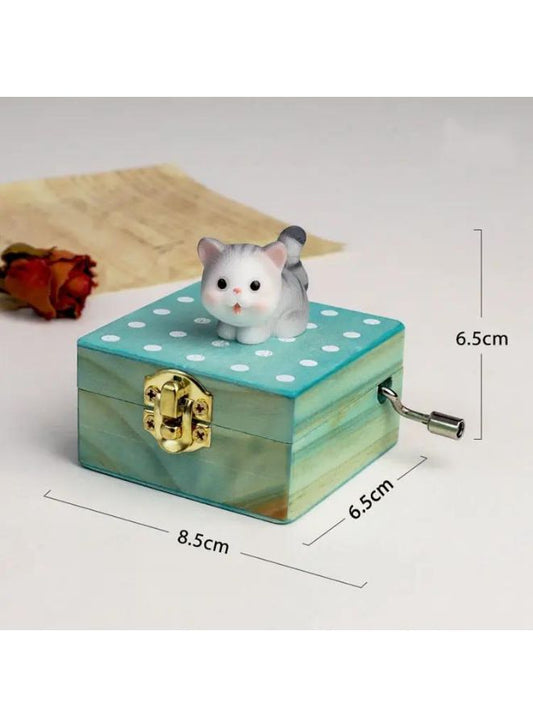 Cute animal hand crank music box wooden crafts ornaments music box, Mini Gift Wrapped Wooden Hand Crank Music Box with Lovely Pet, Grey Cat Fatio General Trading