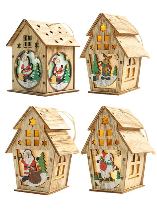 Wooden Christmas Ornaments with Lights - Festive Indoor Holiday Decorations (4 Pc Set)