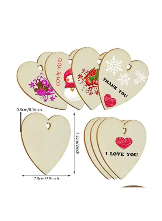Natural Heart Wood Slices 10 Pcs, DIY Wooden Ornaments Unfinished Predrilled Wooden Heart Embellishments with Natural Twine for Valentine's Day, Wedding, Thanksgiving, Christmas